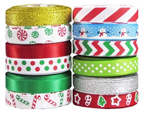 Holiday Christmas Grosgrain Ribbon Set for Gift Package Wrapping, Hair Bow Clip Accessory Making, Crafting, Decoration (60yd(12x5yd) 3/8