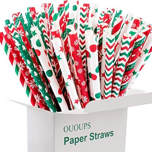 Ououps Biodegradable Paper Straws - 100-Pack, 7.75 Inches, Stripe, Red, Green, Dot, Bulk, Snow, Christmas & Thanksgiving